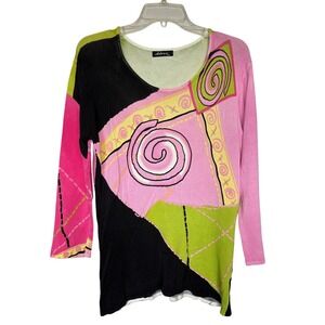 Vtg Adini Abstract Art to Wear Knit Top Maximalist Patchwork Spiral 80s 90s M/L